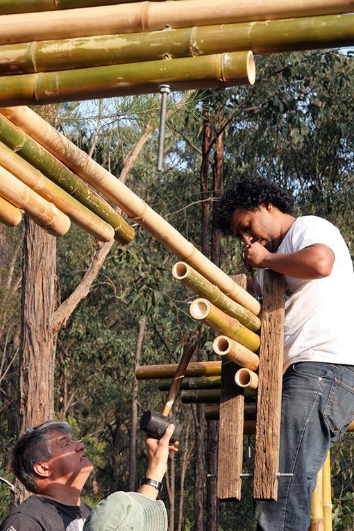 Bolting the bamboos together.